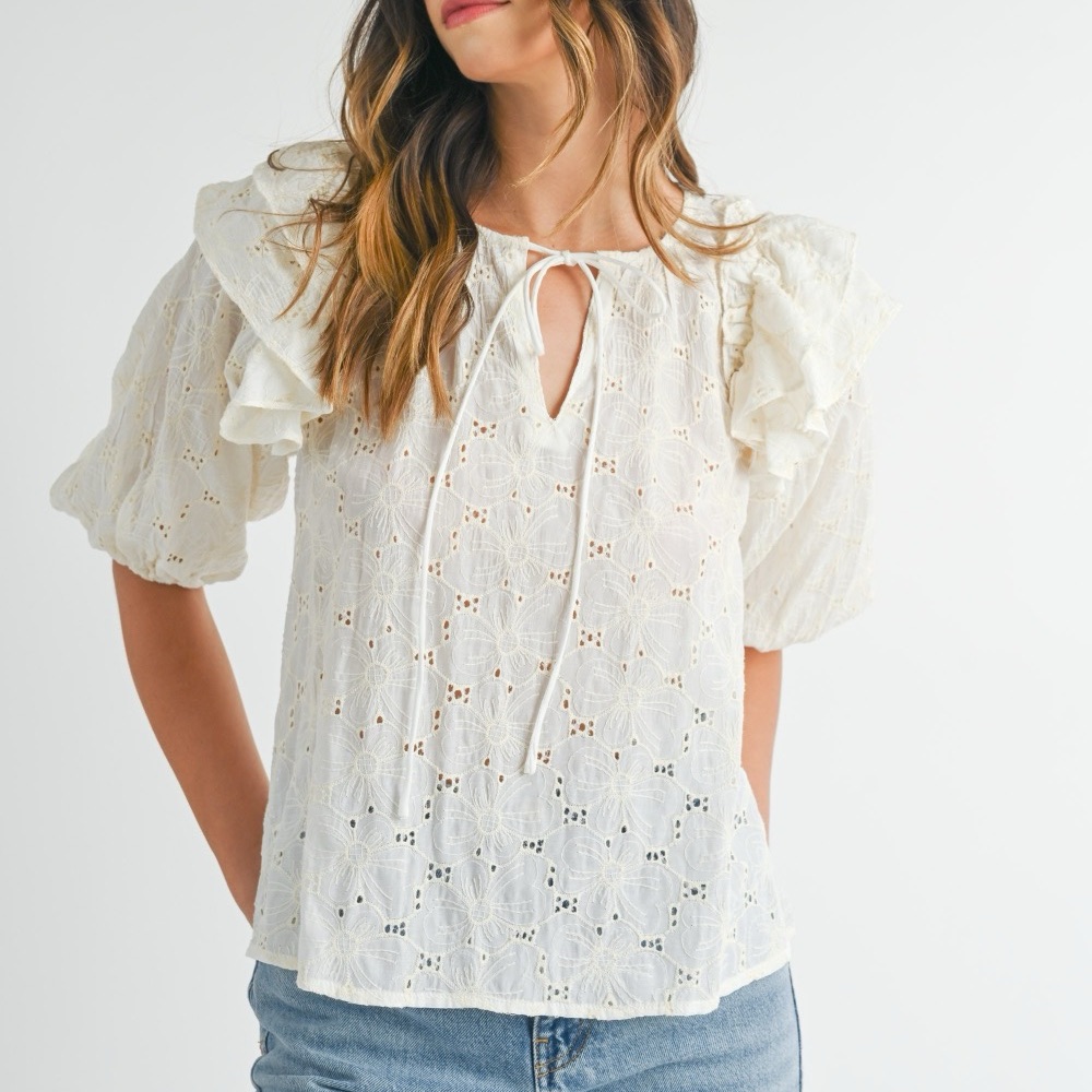 Women’s White Eyelet Ruffle Tie-Neck Blouse